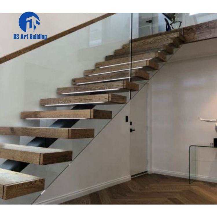 DS American White Oak Wood Untreated Treads Indoor Stairs Design with Rods Balustrade