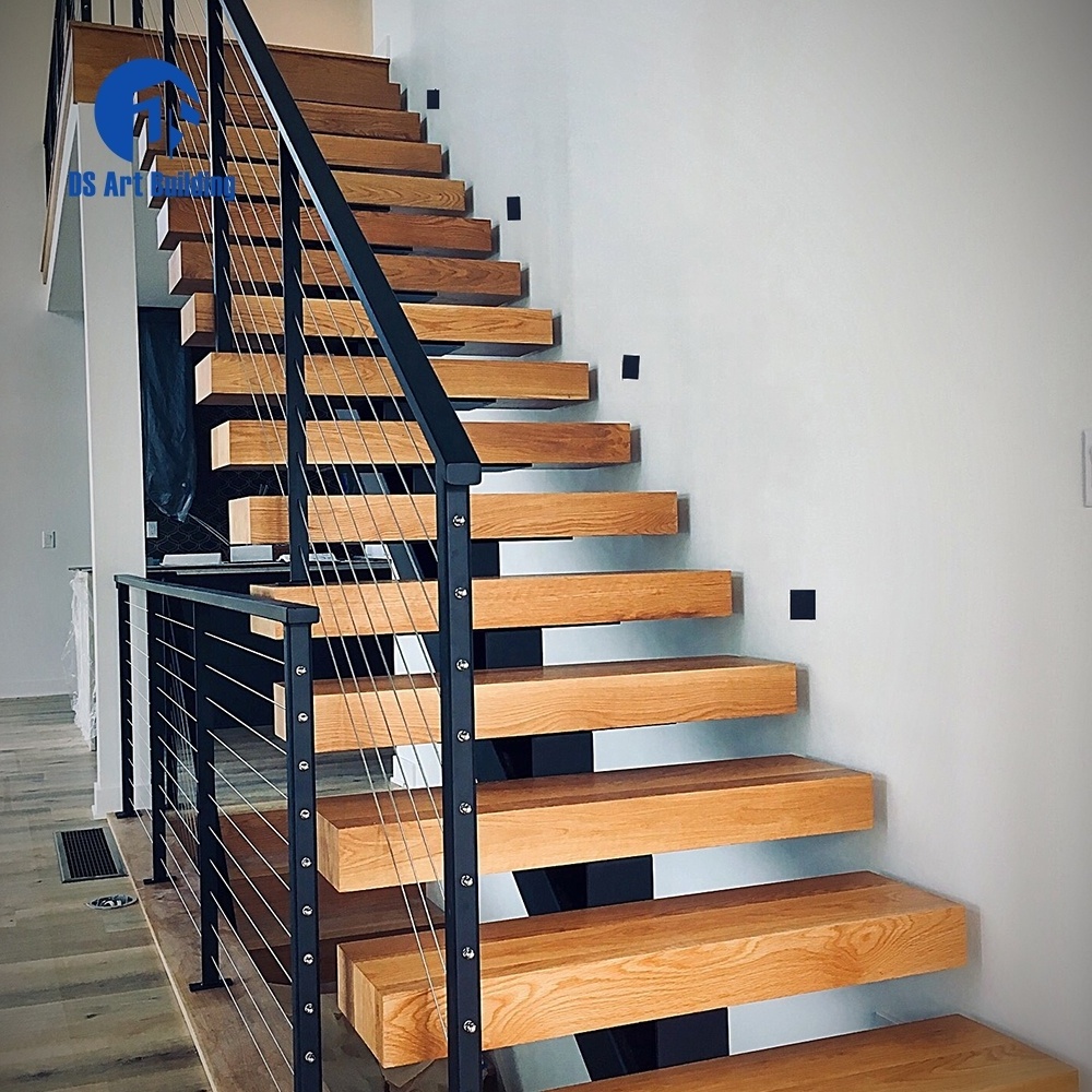 DS China Suppliers stair floating stairs straight stairs Interior mono stringer staircase with Wood glass Tread