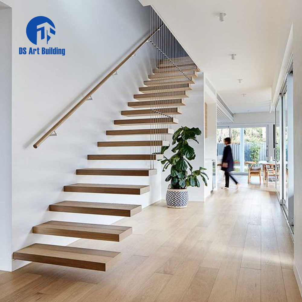 DS Floating staircase kit in stairs with hardwood tread and glass balustrade indoor wood stair