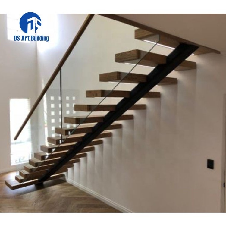 DS Professional Customized Design Mono Stringer Straight Stair Indoor Solid Wood Floating Staircase with LED lights