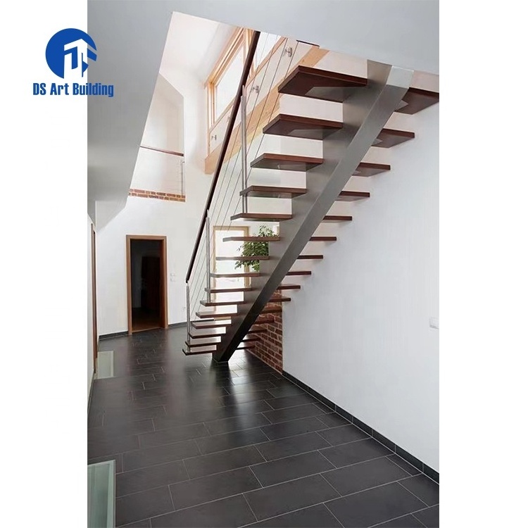 DS Customized Luxury Villa Glass Railing Double Steel Plate Stringer Curved Staircase Floating Wood Tread Arc Staircase