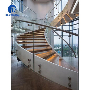 DS Customized Luxury Villa Glass Railing Double Steel Plate Stringer Curved Staircase Floating Wood Tread Arc Staircase