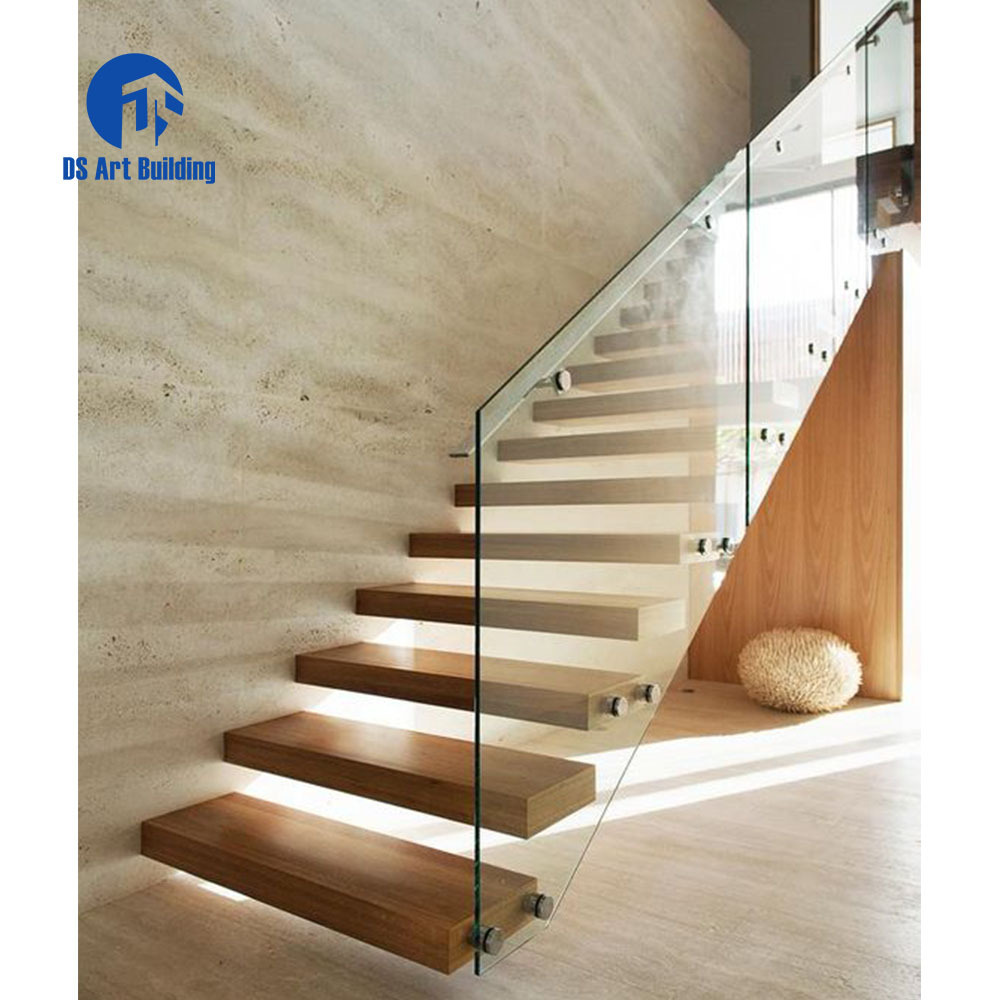 DS Floating staircase kit in stairs with hardwood tread and glass balustrade indoor wood stair