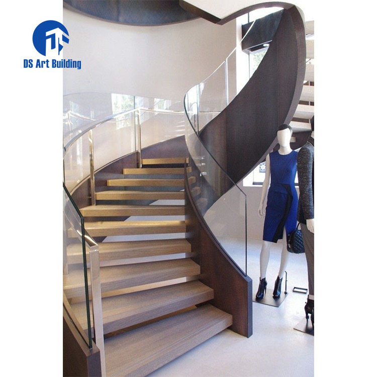 DS American red oak treads indoor use arc stair curved staircase with glass balustrade