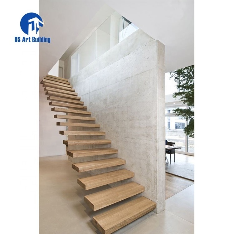 DS Professional Customized Design Mono Stringer Straight Stair Indoor Solid Wood Floating Staircase with LED lights