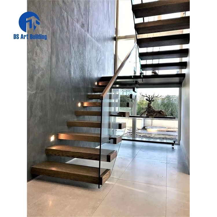 DS Customized Luxury Villa Glass Railing Double Steel Plate Stringer Curved Staircase Floating Wood Tread Arc Staircase