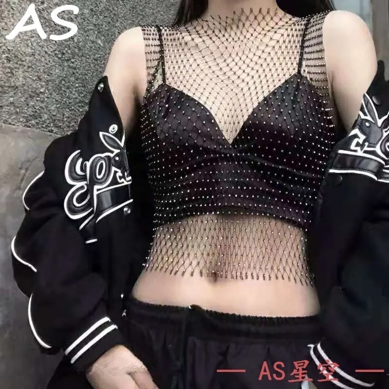 Sexy Mesh Fishnet Rhinestones Long Sleeve Crop Top Club Wear Women Hollow Out Bling Nightclub Wear