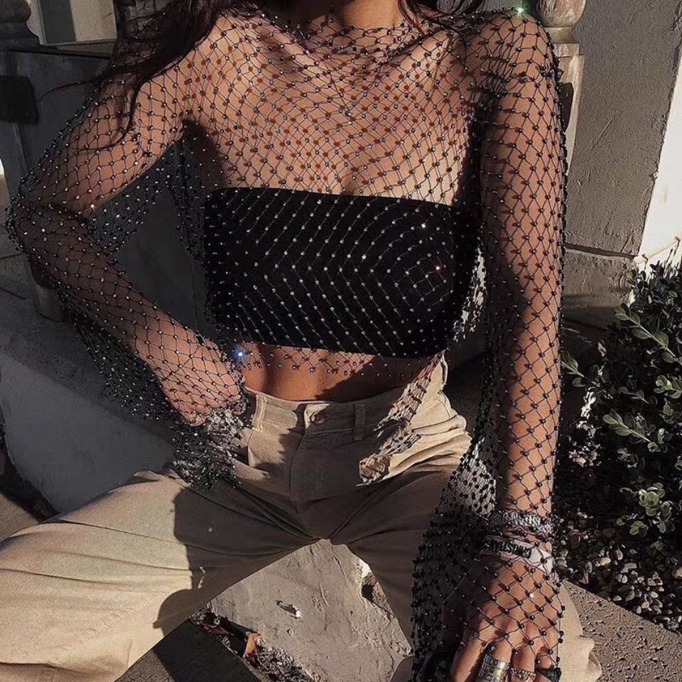 Sexy Mesh Fishnet Rhinestones Long Sleeve Crop Top Club Wear Women Hollow Out Bling Nightclub Wear