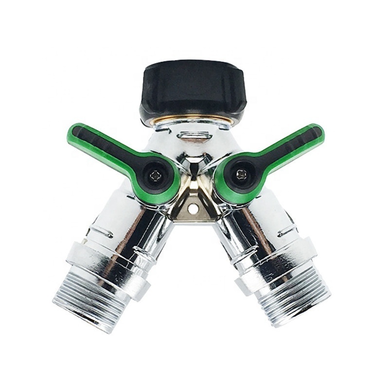 Heavy Duty 100% Fixed Bolt Thread Easy Grip Y 2 Way All Metal Body Water Faucet Garden Hose Splitter With Shut Off Valve