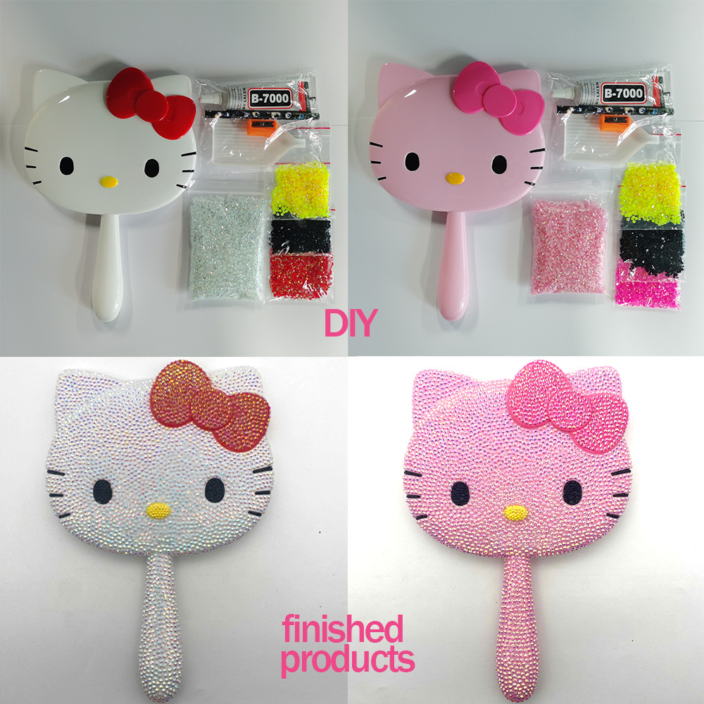 Wholesale Lovely Kitty Cat Vanity Hand Held Mirror Bling Diamond Makeup Held Travel Hello KT Cat Mirrors