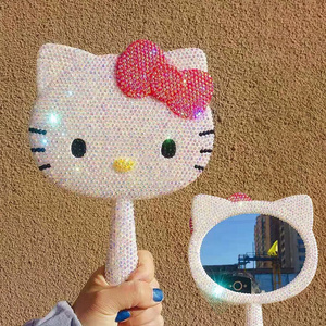 Wholesale Lovely Kitty Cat Vanity Hand Held Mirror Bling Diamond Makeup Held Travel Hello KT Cat Mirrors