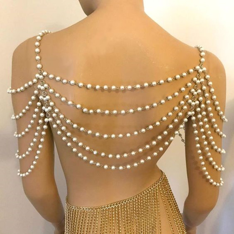 Body Jewelry Sexy nightclub Skirt Chest Chain simulated pearl Chain Bra Necklace Bikini Chest-wrapped Chain for Bride