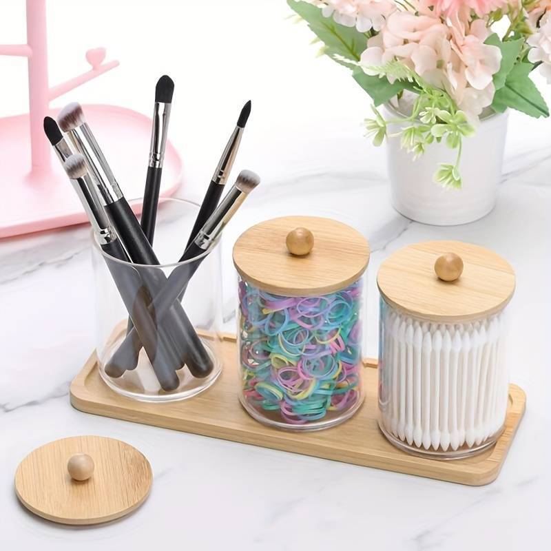 3pcs 10 Oz Cotton Swab/Ball/Pad Holder With Vanity Tray, Apothecary Jar with bamboo Lids, Clear Plastic Dispenser For Storage