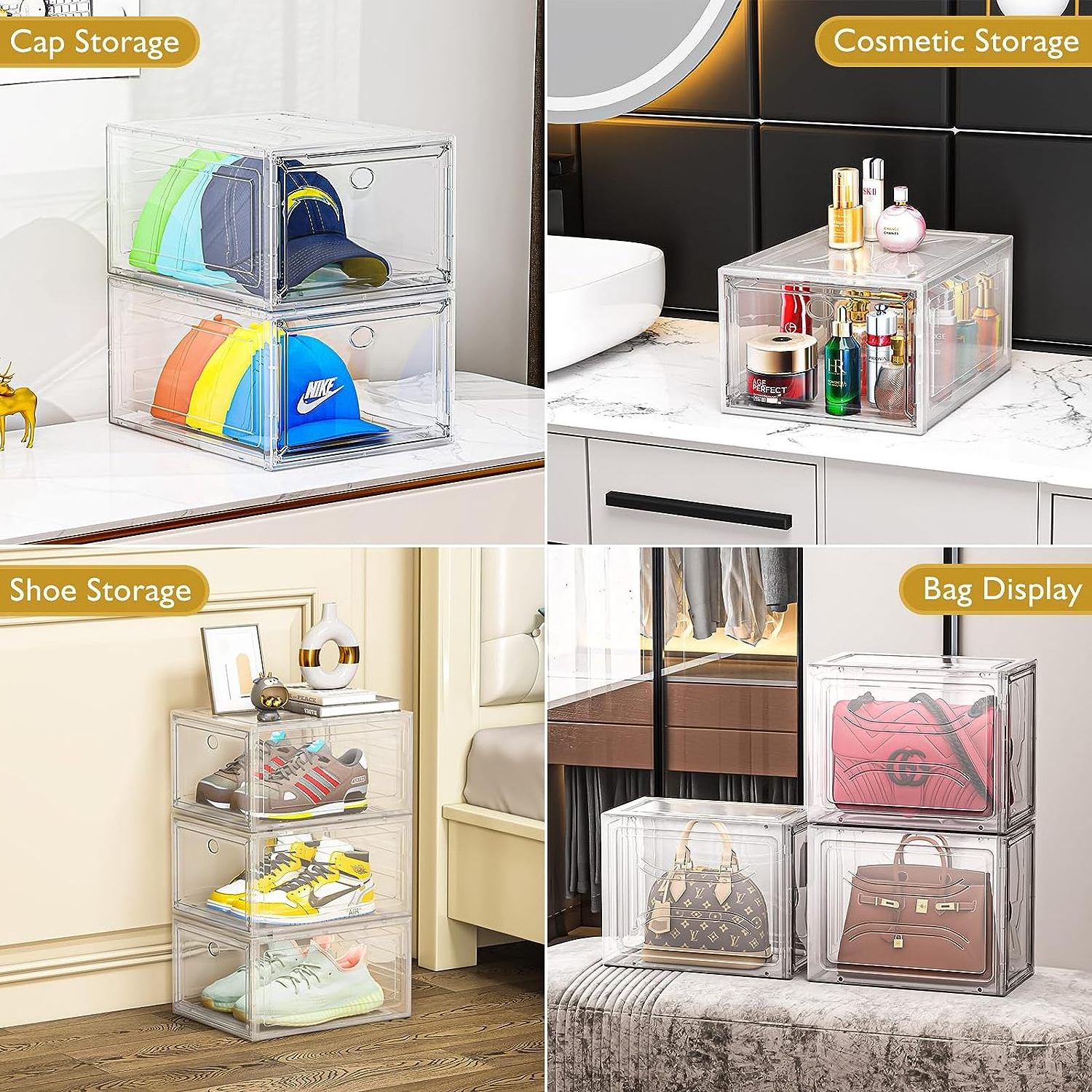 Clear Shoe Storage Organizer with Magnetic Door, Stackable Shoe Storage Boxes for Closet PE Multifunction Square Modern