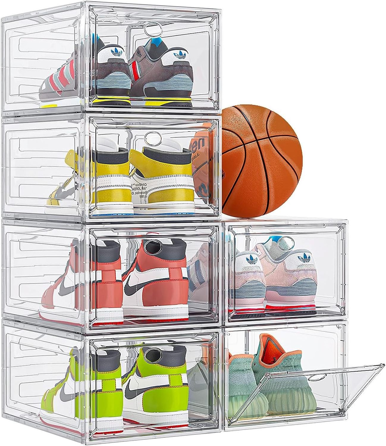 Clear Shoe Storage Organizer with Magnetic Door, Stackable Shoe Storage Boxes for Closet PE Multifunction Square Modern