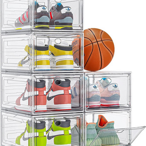 Clear Shoe Storage Organizer with Magnetic Door, Stackable Shoe Storage Boxes for Closet PE Multifunction Square Modern