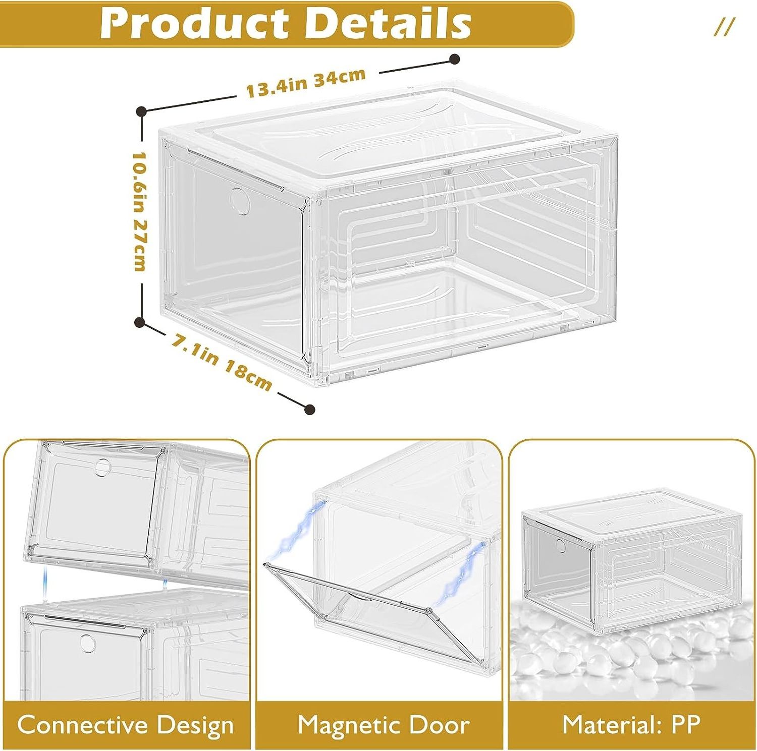 Clear Shoe Storage Organizer with Magnetic Door, Stackable Shoe Storage Boxes for Closet PE Multifunction Square Modern