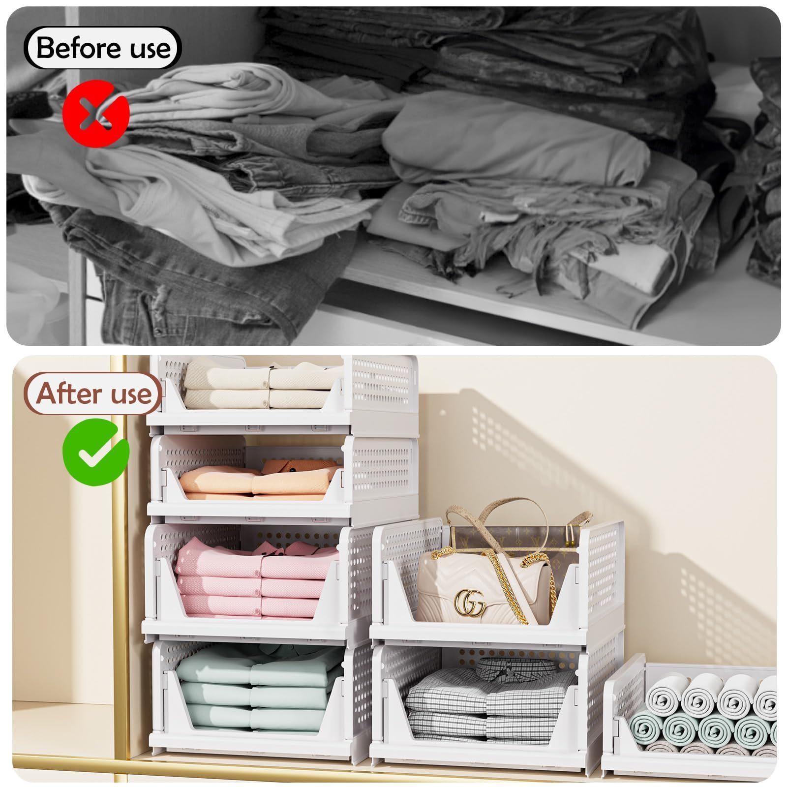 Folding Closet Organizers Drawer Basket for Clothing Storage Box, Stackable Plastic Plastic Box Multifunction Square Modern