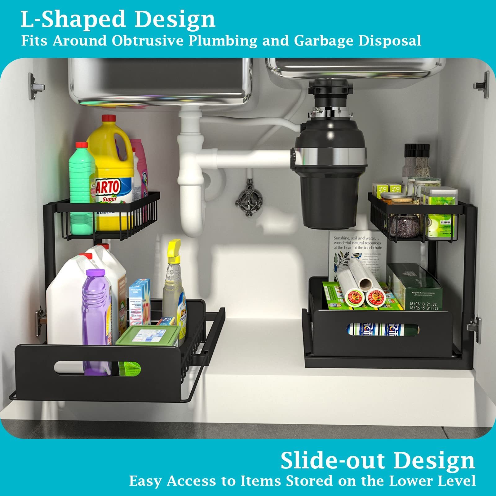 Under Sink Organizer, Pull Out Cabinet Organizer 2 Tier Slide Out Sink Shelf Black Foldable Storage Foldable Plastic Box Modern