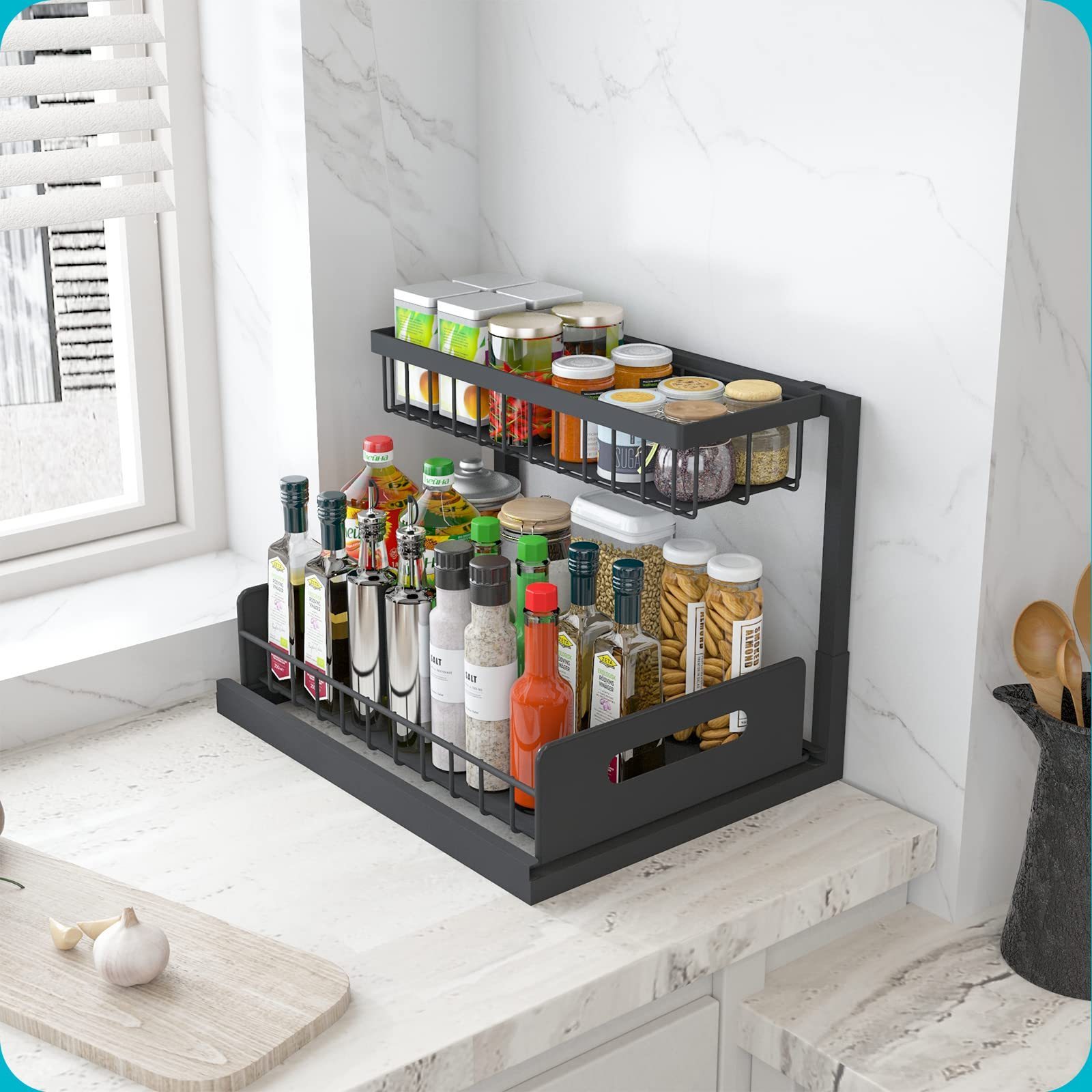 Under Sink Organizer, Pull Out Cabinet Organizer 2 Tier Slide Out Sink Shelf Black Foldable Storage Foldable Plastic Box Modern