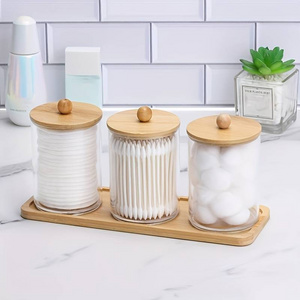 3pcs 10 Oz Cotton Swab/Ball/Pad Holder With Vanity Tray, Apothecary Jar with bamboo Lids, Clear Plastic Dispenser For Storage