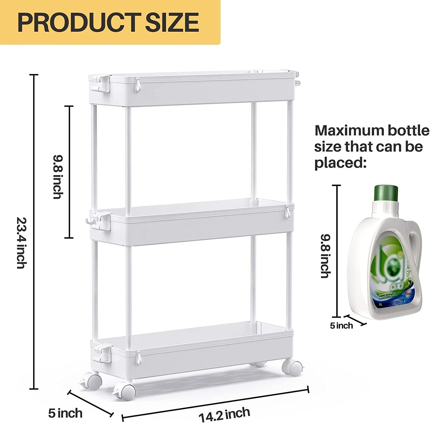 Slim Rolling Storage Cart, Laundry Room Organization, 3 Tier Mobile Shelving Unit Bathroom Organizer Box Utility Cart Plastic