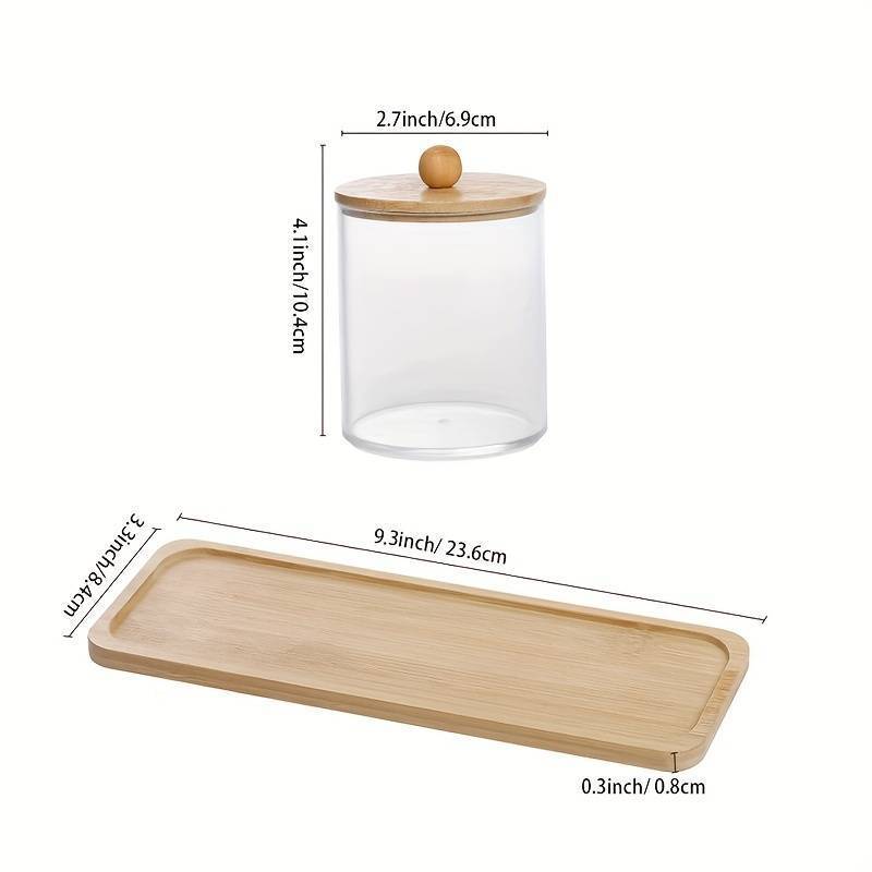 3pcs 10 Oz Cotton Swab/Ball/Pad Holder With Vanity Tray, Apothecary Jar with bamboo Lids, Clear Plastic Dispenser For Storage