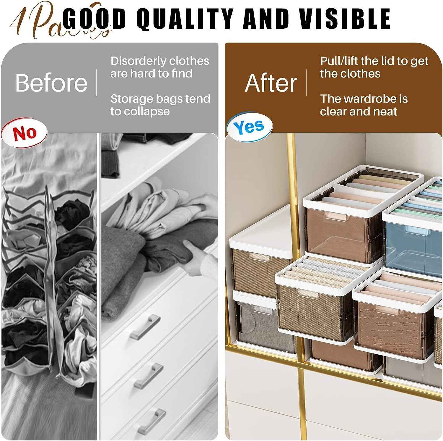 Storage Bins Foldable Closet Organizers, Storage Drawers Plastic Shoe Box Multifunction Stackable Plastic 4 Pack with Lid, 18 Qt