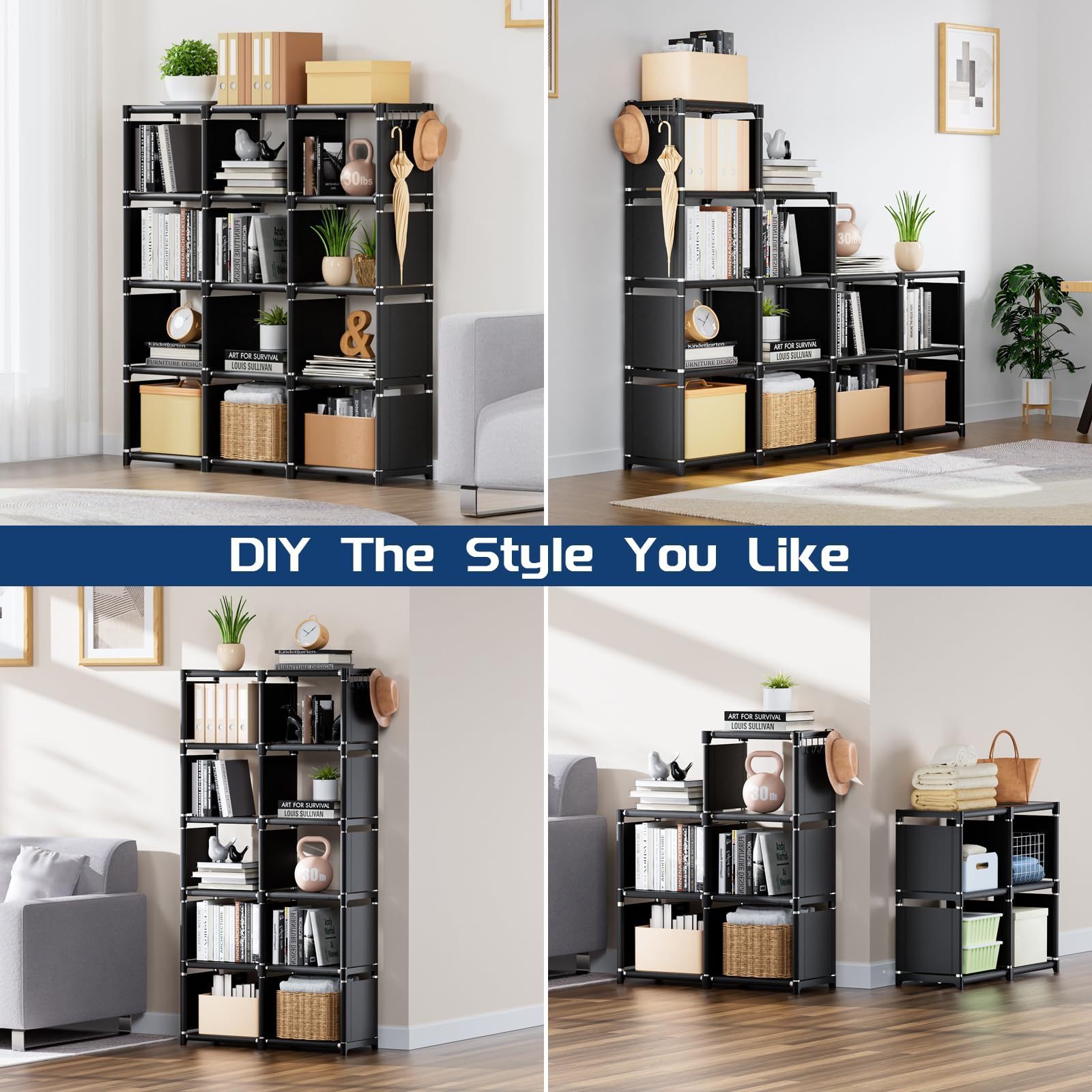 Book Shelf, 12 Cube Storage Organizer, DIY Bookcase, Metal Bookshelf,Tall Book case for Bedroom, Living Room,Office,Closet