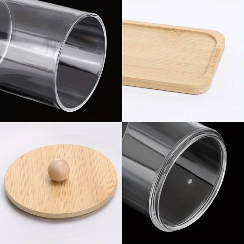 3pcs 10 Oz Cotton Swab/Ball/Pad Holder With Vanity Tray, Apothecary Jar with bamboo Lids, Clear Plastic Dispenser For Storage