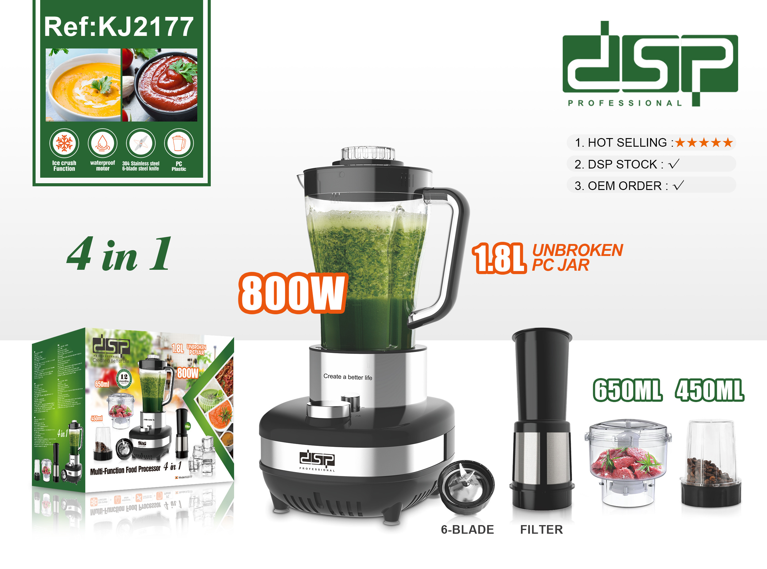 DSP Hot Sale Professional Blender Home Kitchen Appliance 800W 4 in 1 Multi-Function Food Processor