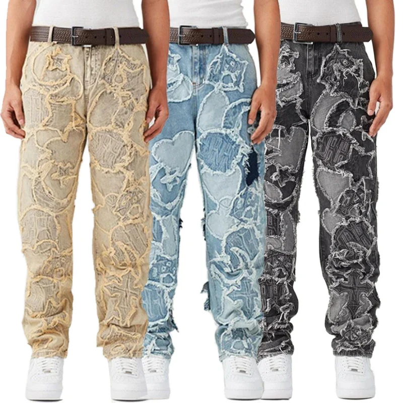 DiZNEW Custom Men Vintage Denim Hip Hop Washed Embroidered Distressed Pants Flare Stacked Jeans