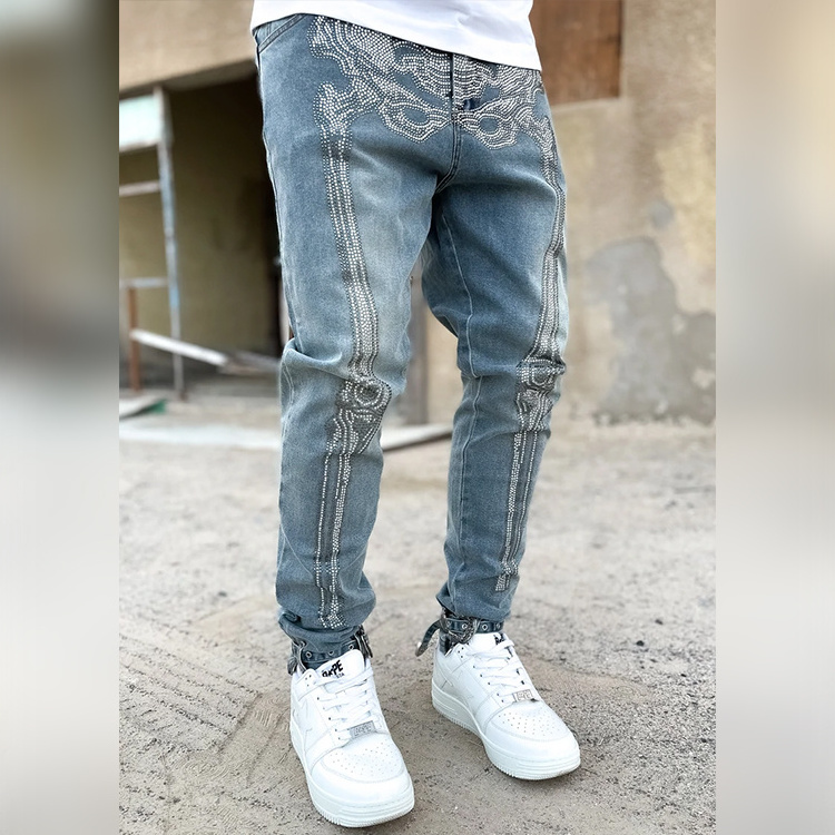 DiZNEW Custom Skinny Men Jeans Pants Stylish Rhinestone Jeans