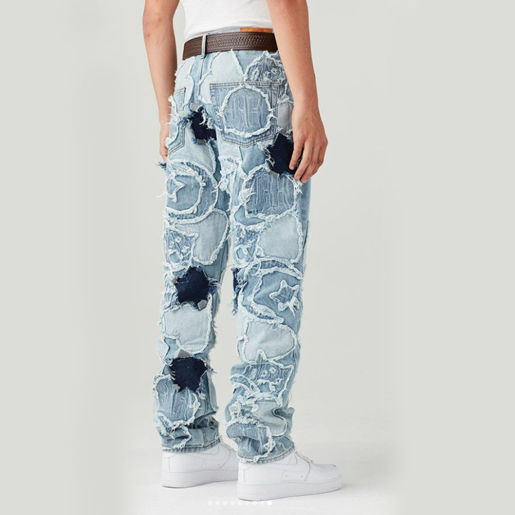 DiZNEW Custom Men Vintage Denim Hip Hop Washed Embroidered Distressed Pants Flare Stacked Jeans