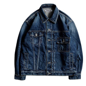 DIZNEW custom American retro blue oversized denim fabric jacket button opening brand casual jean jacket for men simple