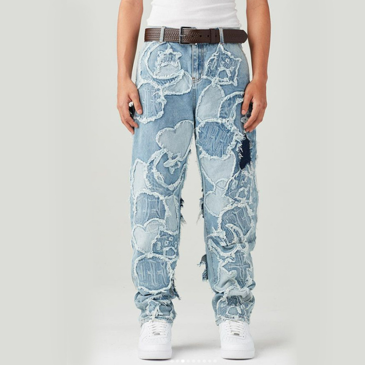 DiZNEW Custom Men Vintage Denim Hip Hop Washed Embroidered Distressed Pants Flare Stacked Jeans