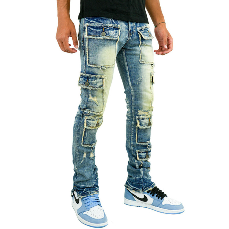 DiZNEW  Streetwear Manufacturer Custom Logo Ripped Distressed Cargo Denim Pants Y2K Skinny Jeans