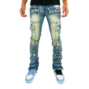 DiZNEW  Streetwear Manufacturer Custom Logo Ripped Distressed Cargo Denim Pants Y2K Skinny Jeans