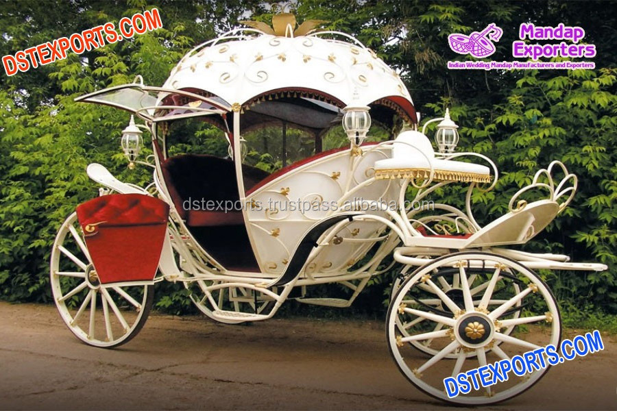 White Cinderella Princess Horse Drawn Carriage Stylish Bridal Entry on Cinderella Cart Luxury Wedding Cinderella Horse Buggy