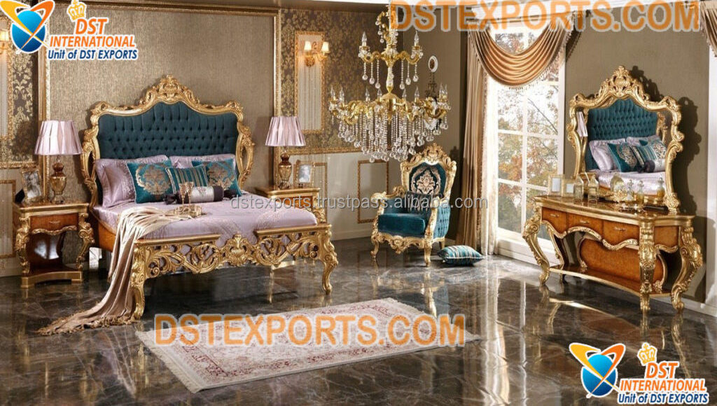 Exotic Indian Beds & Bedroom Furniture Exclusive Golden Upholstery Bedroom Furniture Set Luxury King Bedroom 5 Piece Furniture