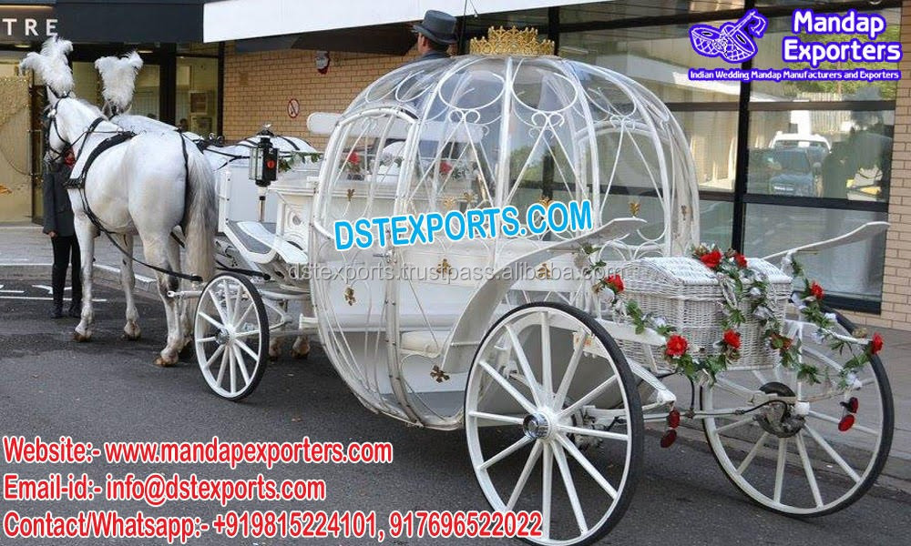 White Cinderella Princess Horse Drawn Carriage Stylish Bridal Entry on Cinderella Cart Luxury Wedding Cinderella Horse Buggy