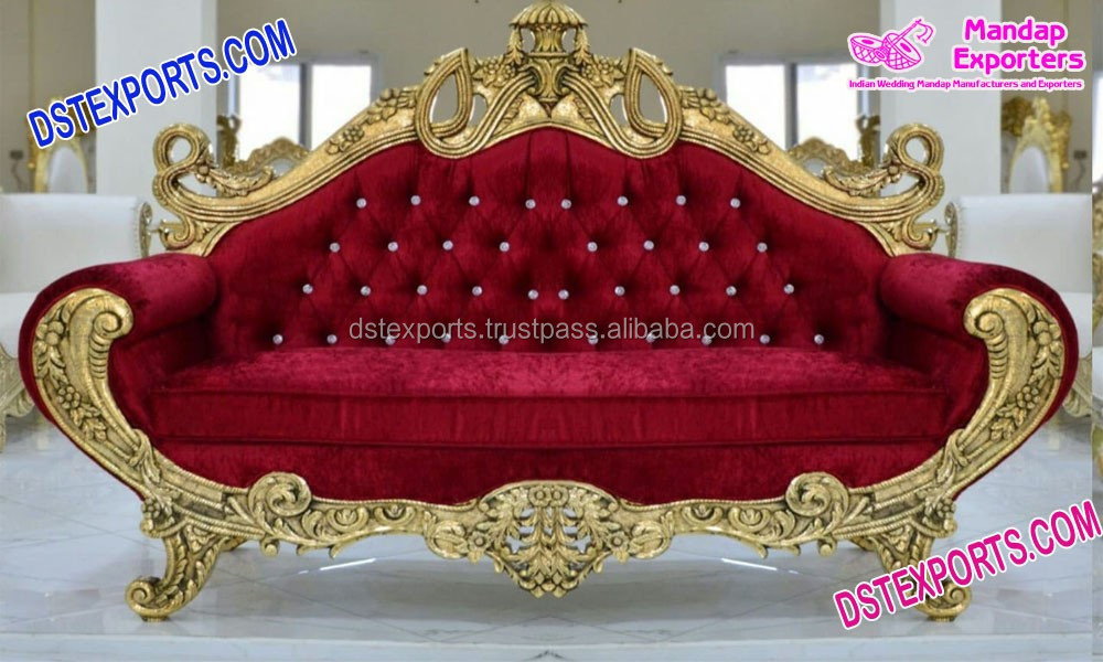 Indian Wedding Carved Gold Sofa Set Unique Design Wedding Sofa Set With Gold Carving Stylish Look Wedding Stage Furniture Set