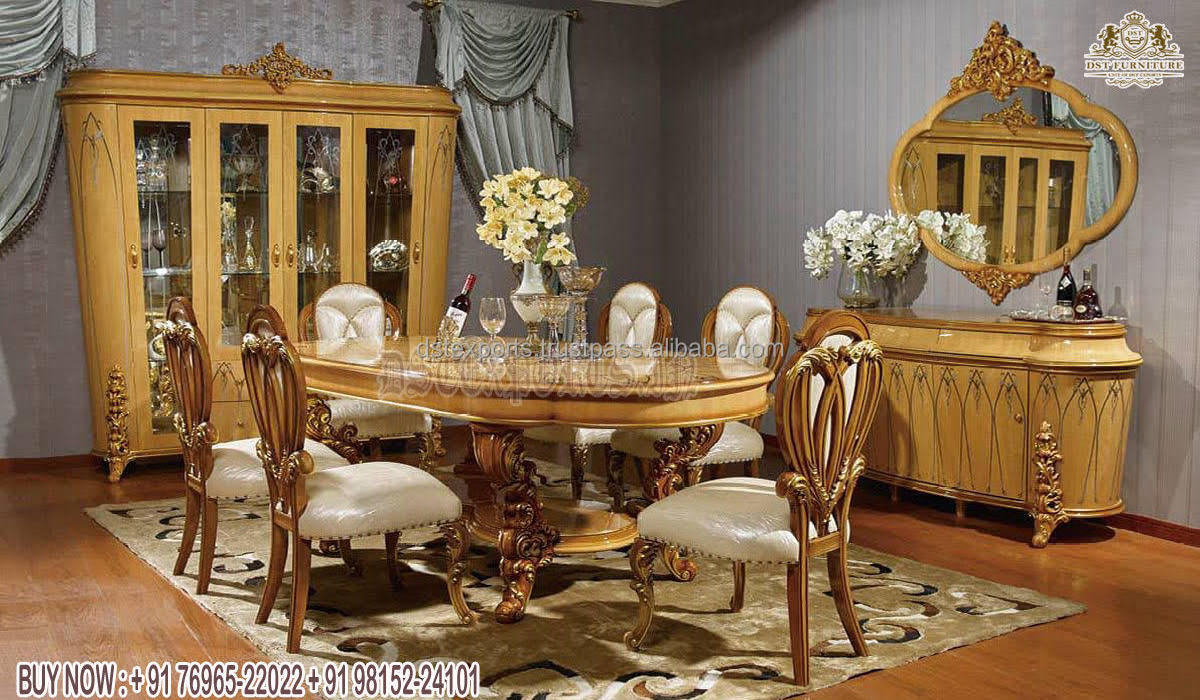 French Designed Hand Carved Dining Table And Chairs European Style Teak Wood Dining Furniture Set Italian Style Dining Table