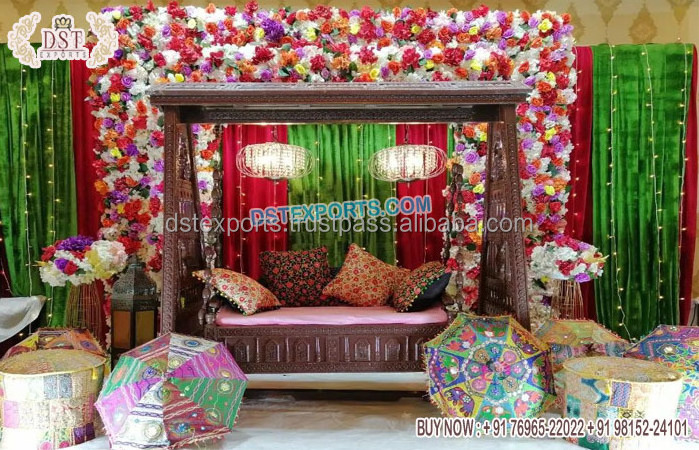 Antique Handmade Peacock Wedding Wooden Swings Indian Wedding Swing For Stage Peacock Carved Wedding Stage Wooden Swing