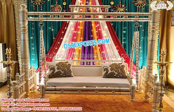 Gujrati Wedding Sangeet Stage Peacock Swing/Jhula Royal Wooden Handicraft Wedding Peacock Swing Indian Wedding Wooden Swing