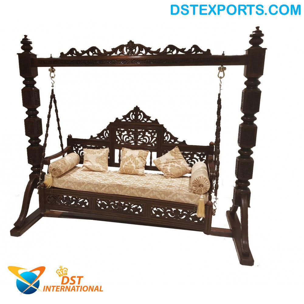 Traditional Teak Wood Swing For Home Indian Maharaja Carved Jhula Set Handcrafted Wooden Jhoola For Drawing Room