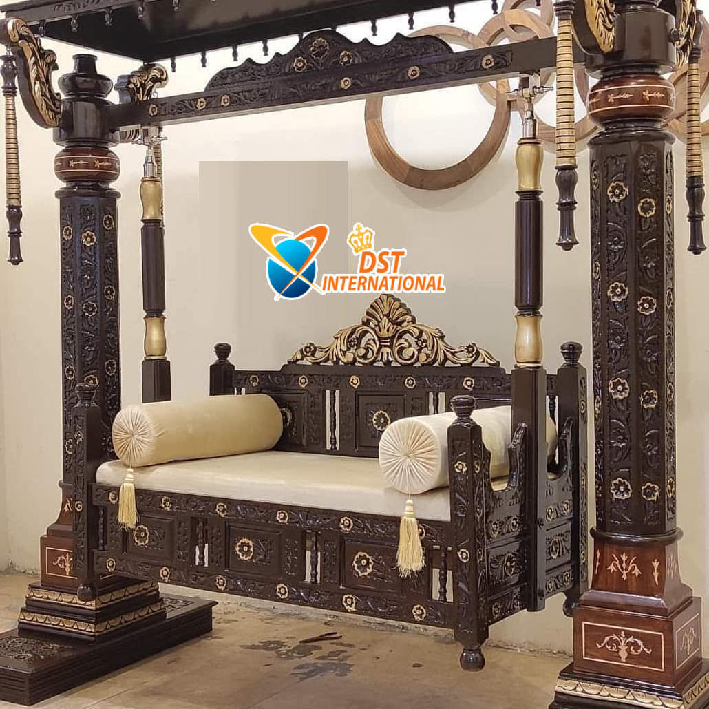 Traditional Teak Wood Swing For Home Indian Maharaja Carved Jhula Set Handcrafted Wooden Jhoola For Drawing Room