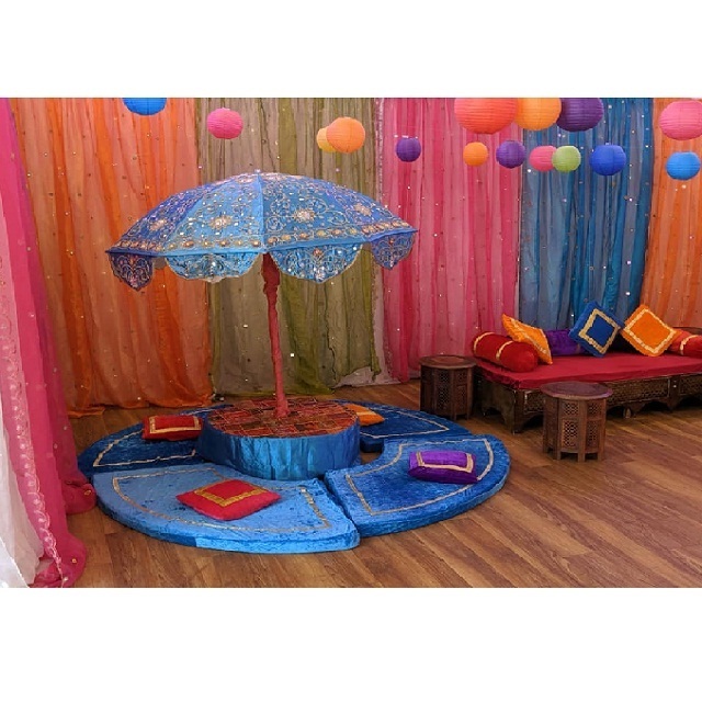 Mehndi Night Seating with Center Umbrella Turkish Theme Mehndi Decor Umbrellas Mehndi Sangeet Theme Decor Umbrellas