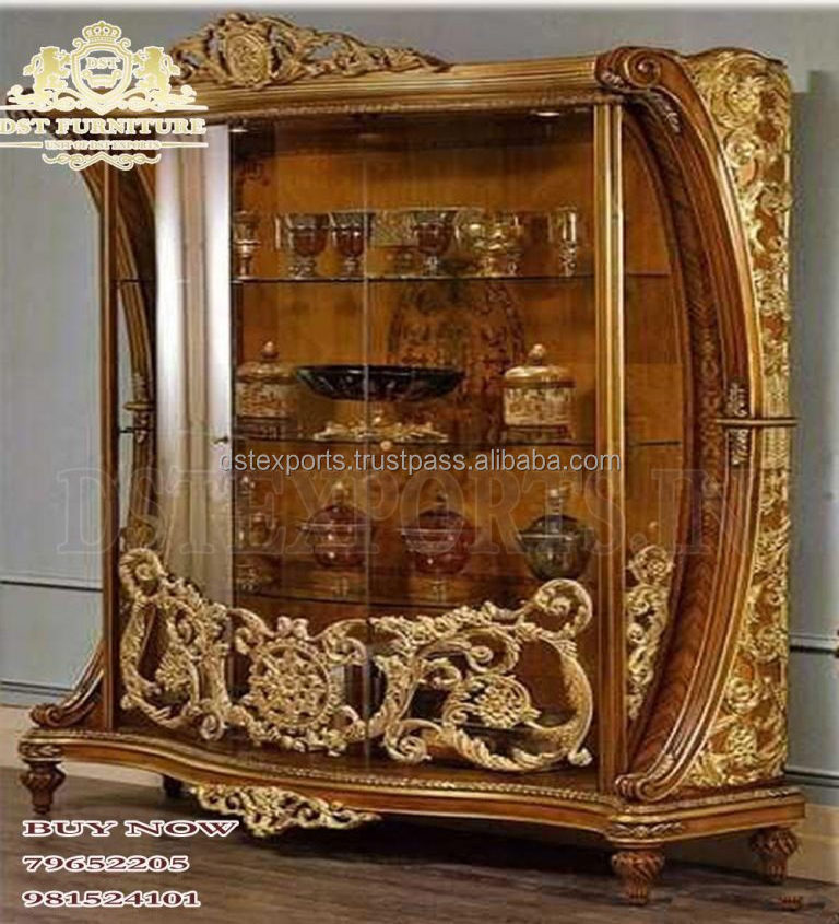 Classic Carved Formal Dining Curio Cabinet Luxury Carved Cabinet and Curios for Dining Room Victorian Carved Golden Gloss Finish