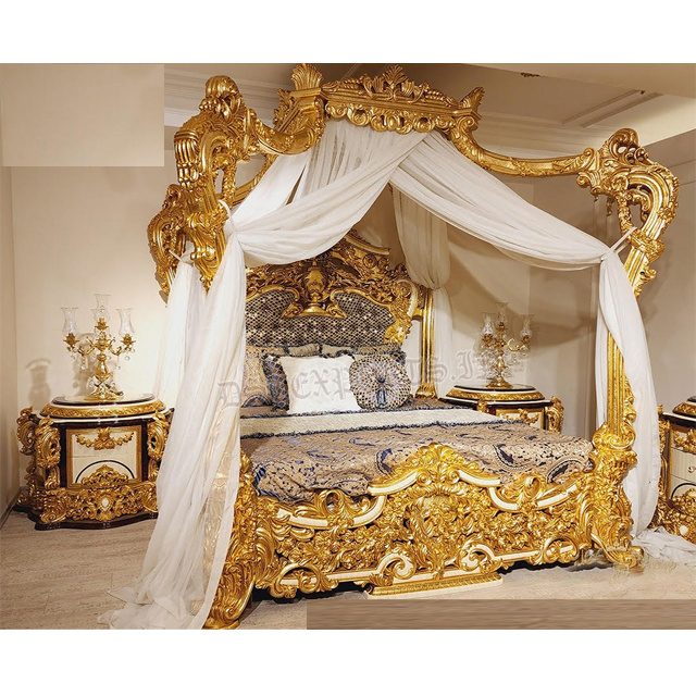 Royal King Size Canopy Bed for Grand Villa Exclusive Gold Finish King Bedroom furniture Grand Villa Queen Size Four Poster Bed